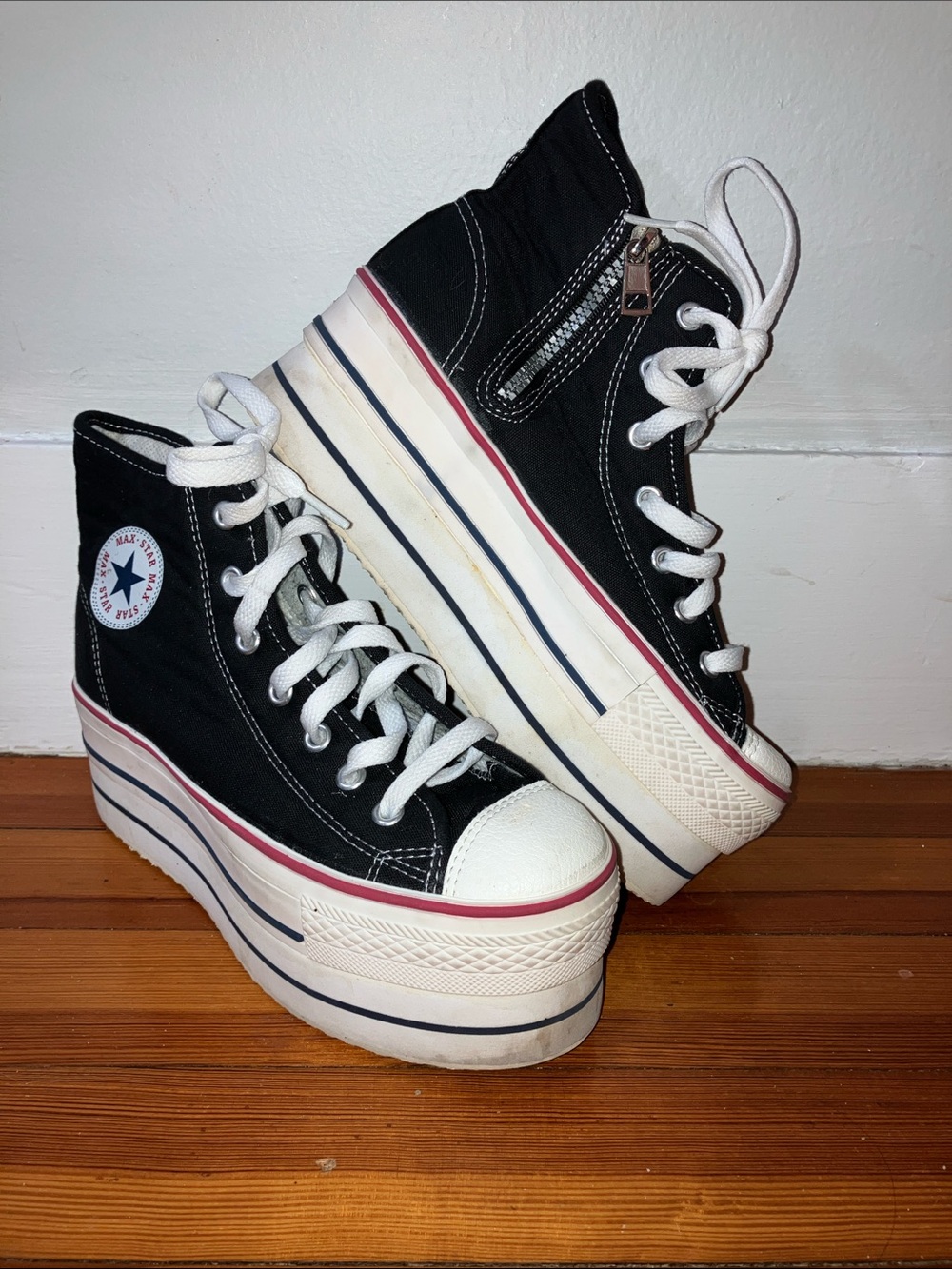 MAX STAR Black Platform High-Top Canvas Sneakers with Red Stripe